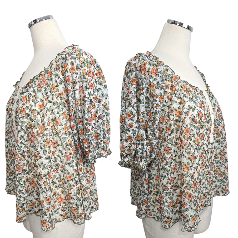 Women’s Floral Peasant Top - Cream with Orange & Green